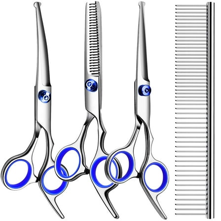 ZDM 5 in1 Dog Grooming Scissors Kit, Professional Dog Scissors for Grooming with Safety Round Tips, Titanium Coated Grooming Shears for Dogs Cat Pet At Home