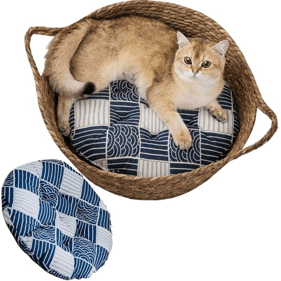 ZDM Cat Bed, Straw Woven Cat Baskets Bed, Round Wicker Cat Basket Nest, Non-Slip Cozy Kitten Bed for Cats Small Dog (Only Nest,Small)