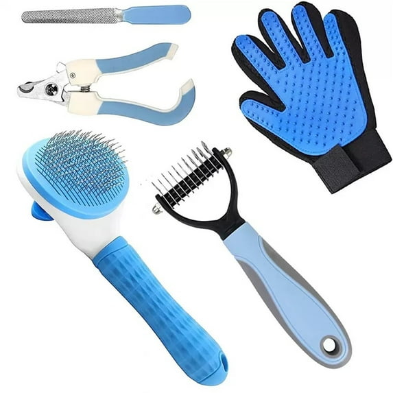 ZDM Dog Brush Grooming Care Kit - 5 in 1 Dog Brush Dog Slicker Brush Undercoat Rake, Dog Hair Removal Comb Pet Nail Clippers Shedding Tool for Long Haired Cat and Puppy Blue