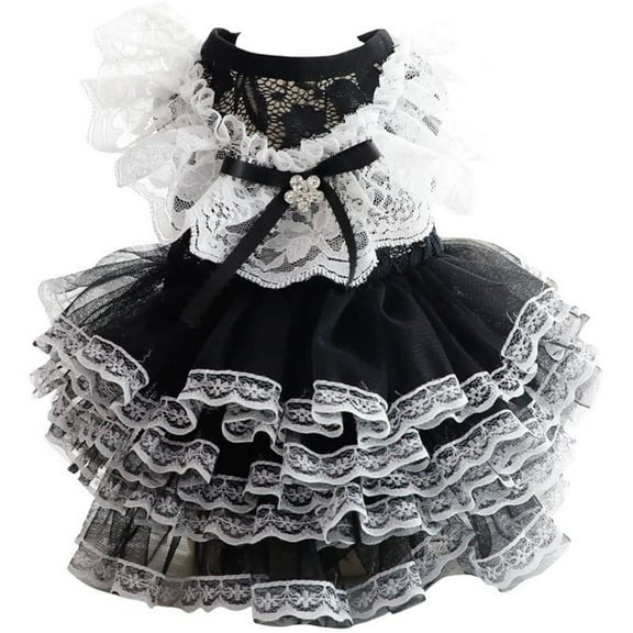 ZDM Dog Wedding Dresses for Small Dogs Lolita Clothes Princess Cat Costume Lace Black Pet Girl Cute Coat Outfits Summer Costumes (M,Black)