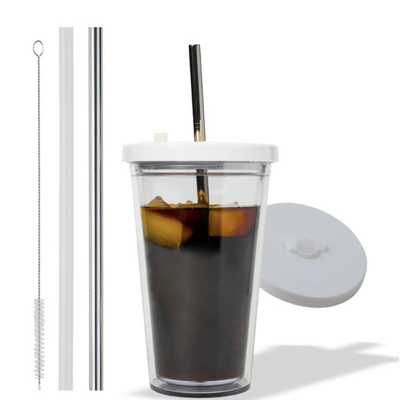 ZDM Reusable Iced Coffee Cup (16 Oz/Grande), Leak Proof and Double Wall Insulated Iced Coffee Tumbler, Come with Reusable Plastic and Metal Straws and Straw Cleaner