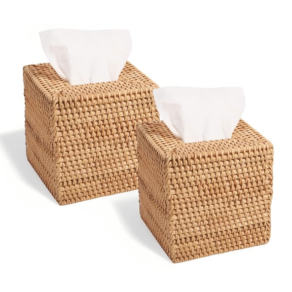 ZDM Set of 2 pcs Woven Rattan Square Tissue Box Holder for Kitchen, Bathroom, Car, Office Table Desk - Decorative Wicker Refillable Facial Paper Napkin Dispenser Holder (Natural)