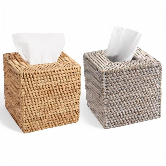 ZDM Set of 2 pcs Woven Rattan Square Tissue Box Holder for Kitchen, Bathroom, Car, Office Table Desk - Decorative Wicker Refillable Facial Paper Napkin Dispenser Holder (Natural)