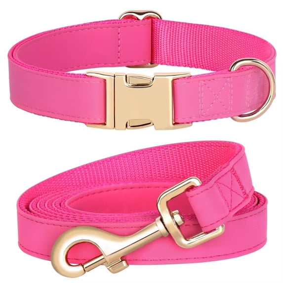 ZDM Soft Leather Dog Collar and Leash Set, Comfy & Stylish Leather Dog Leash and Collar Set, Bright & Solid Hot Pink Dog Collar with Quick Release Metal Buckle for Small Medium Large Dogs