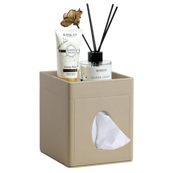 ZDM Tissue Box Cover, PU Leather Square Tissue Box Holder with Storage Tray for Bathroom Vanity Countertop Night Stands Bedroom Office Desk, Stylish Tissue Holder Decorative Organizer (Black)