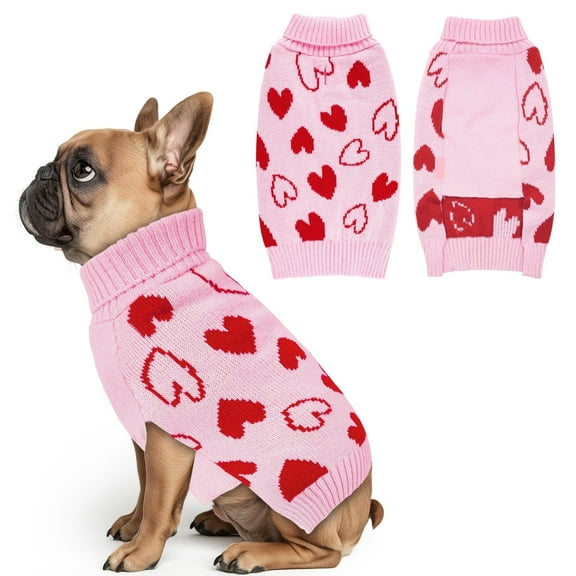 ZDM Valentines Day Dog Sweater with Leash Hole Pullover Turtleneck Heart Pattern Holiday Theme Dog Clothes Pet Apparel for Small Dogs Pink