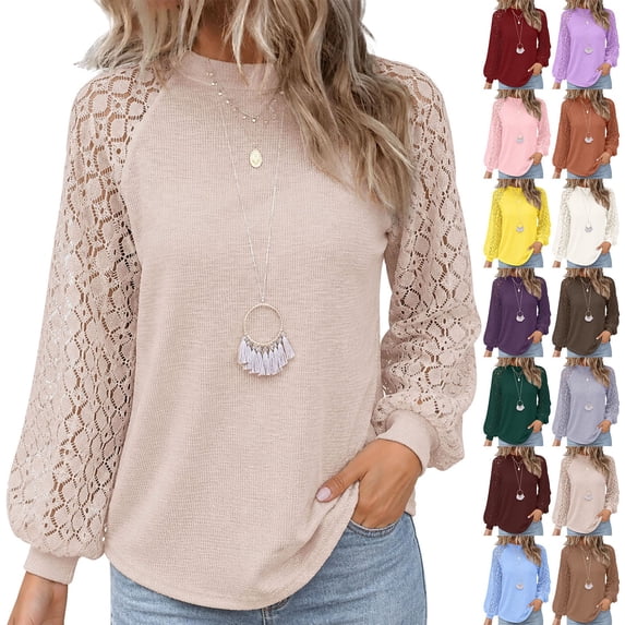 ZDNIXIAN Basic T Shirts for Women ,Hollow Lace Raglan Puff Long Sleeve Top, Crew Neck Loose Fit Solid Color Pullover Shirt