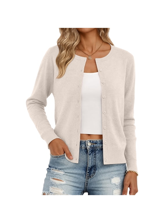 Cardigan Sweaters for Women, Long Sleeve Button Down Open Front Knit Cardigan, Notched Split Neck Relaxed Fit Outerwear Coat, Solid Color Lightweight Knit Jacket