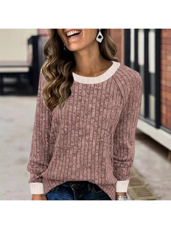 Crewneck Sweaters for Women, Long Sleeve Ribbed Cuff Loose Fit Knit Pullover Jumper, Soft Stretchy Casual Knit Tops, Lightweight Oversized Sweater Shirts