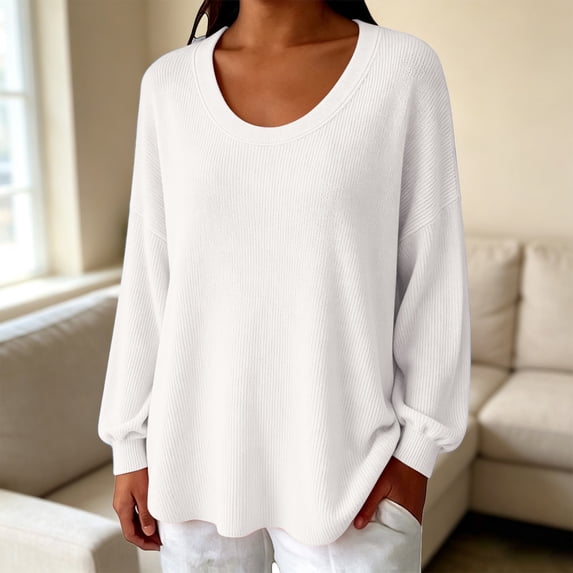 ZDNIXIAN Crewneck Sweaters for Women, Long Sleeve Ribbed Cuff Loose Fit Knit Pullover Jumper, Soft Stretchy Casual Knit Tops, Lightweight Oversized Sweater Shirts