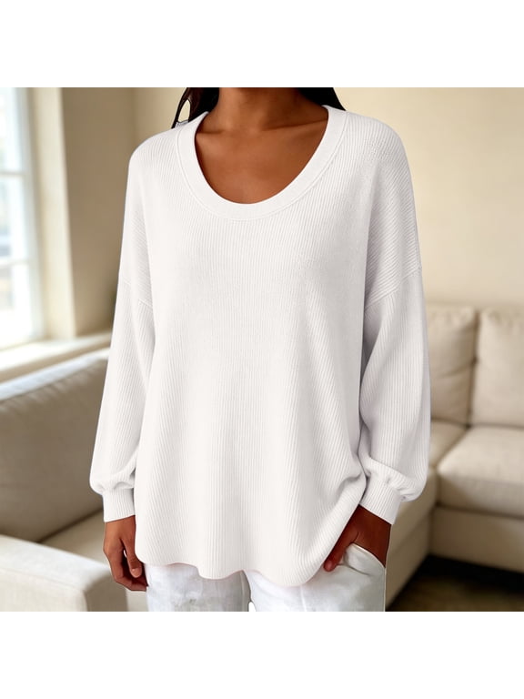 Crewneck Sweaters for Women, Long Sleeve Ribbed Cuff Loose Fit Knit Pullover Jumper, Soft Stretchy Casual Knit Tops, Lightweight Oversized Sweater Shirts