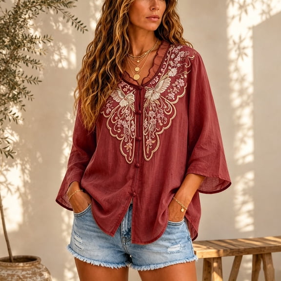 ZDNIXIAN Embroidered Button Down Shirts for Women Mandarin Collar 3/4 Flare Sleeve Blouse, Vintage Floral Butterfly Embroidery Loose Lightweight Tunic Tops, Elegant Casual Stand Collar Tunic Shirts