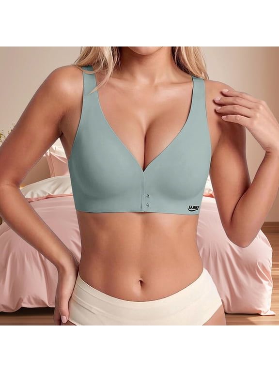Front Closure Bras for Women Wireless Bra with Jelly Support, Supportive Mastectomy Bras Padded Bralette Wide Strap V Neck Seamless Comfort Bra, Soft Stretch Supportive Daily Wear Bra