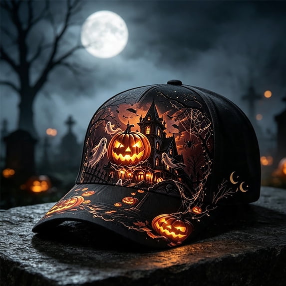 ZDNIXIAN Halloween Full‑Print Graphic Baseball Cap, Dark Night Wizard Castle Full Moon Pumpkin Bat Scenery Printed Adjustable Hat, Lightweight Structured Crown Unisex Holiday Costume Accessory