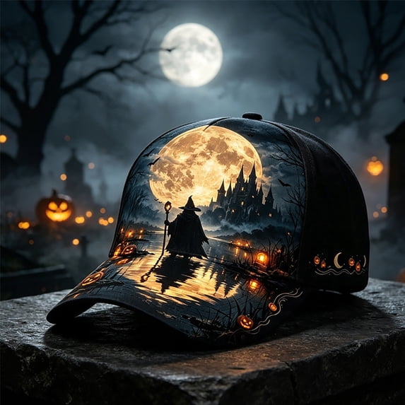 ZDNIXIAN Halloween Full‑Print Graphic Baseball Cap, Dark Night Wizard Castle Full Moon Pumpkin Bat Scenery Printed Adjustable Hat, Lightweight Structured Crown Unisex Holiday Costume Accessory