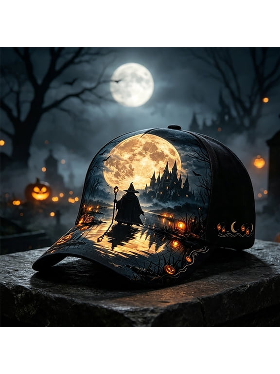 Halloween Full‑Print Graphic Baseball Cap, Dark Night Wizard Castle Full Moon Pumpkin Bat Scenery Printed Adjustable Hat, Lightweight Structured Crown Unisex Holiday Costume Accessory