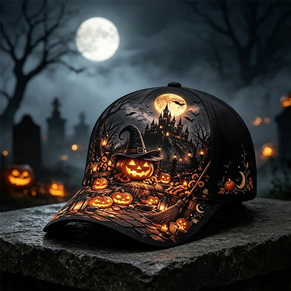 ZDNIXIAN Halloween Full‑Print Graphic Baseball Cap, Dark Night Wizard Castle Full Moon Pumpkin Bat Scenery Printed Adjustable Hat, Lightweight Structured Crown Unisex Holiday Costume Accessory