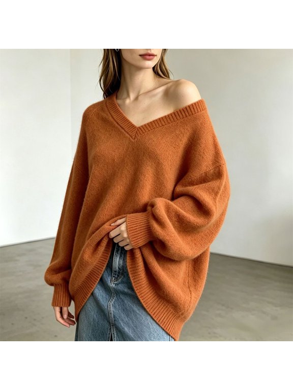 Oversized V Neck Sweaters for Women Loose Slouchy Long Sleeve Knit Pullover Tops, Solid Color Relaxed Fit Drop Shoulder Knit Jumper, Casual Cozy Knitwear for Fall Winter Daily Street Outfits