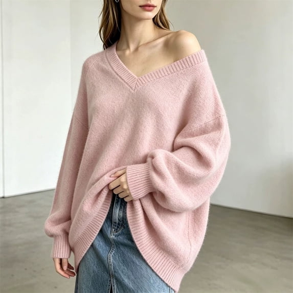ZDNIXIAN Oversized V Neck Sweaters for Women Loose Slouchy Long Sleeve Knit Pullover Tops, Solid Color Relaxed Fit Drop Shoulder Knit Jumper, Casual Cozy Knitwear for Fall Winter Daily Street Outfits