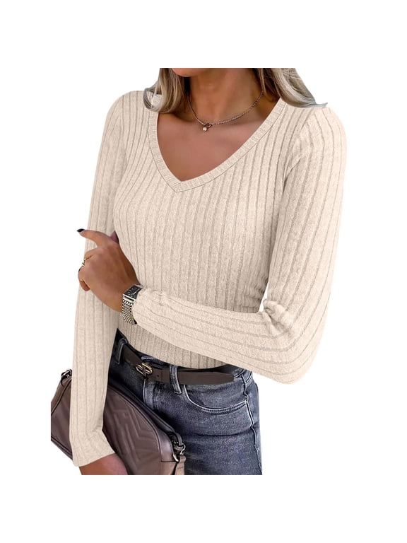 Ribbed Knit Tops for Women V‑Neck Long Sleeve Pullover Shirts, Slim Fit Solid Textured Knit Blouse, Stretchy Basic Layering Tees for Fall Winter Office Casual Daily Wear