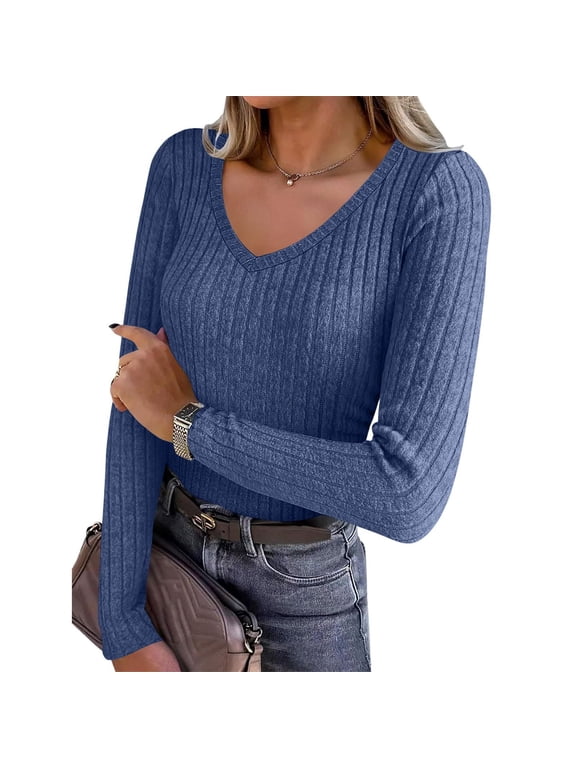Ribbed Knit Tops for Women V‑Neck Long Sleeve Pullover Shirts, Slim Fit Solid Textured Knit Blouse, Stretchy Basic Layering Tees for Fall Winter Office Casual Daily Wear