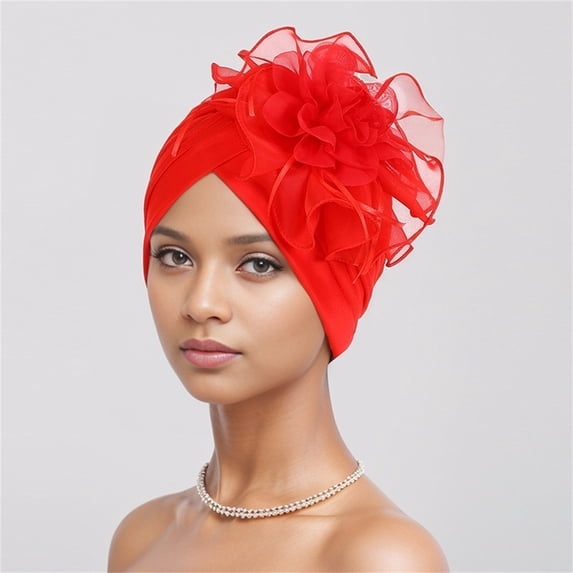 ZDNIXIAN Stretchy Ruched Turban Head Wrap with Large Organza Flower Ornament Solid Color Elegant Hair Cover Lightweight Fashion Headscarf for Party Daily Occasions