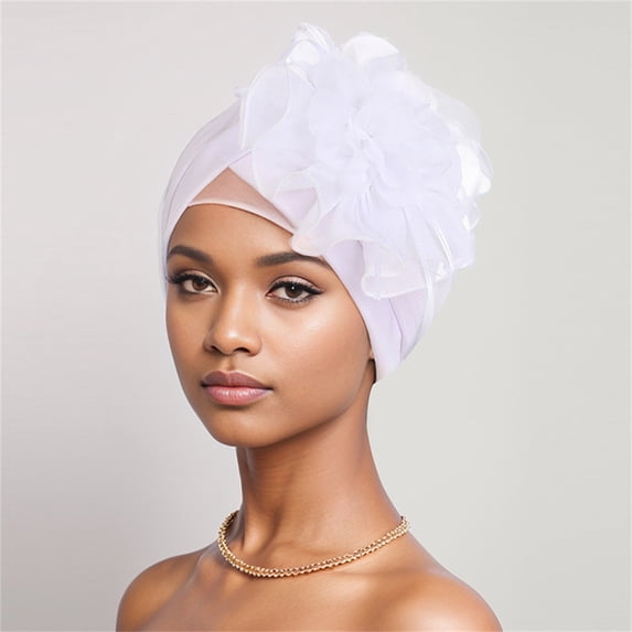 ZDNIXIAN Stretchy Ruched Turban Head Wrap with Large Organza Flower Ornament Solid Color Elegant Hair Cover Lightweight Fashion Headscarf for Party Daily Occasions