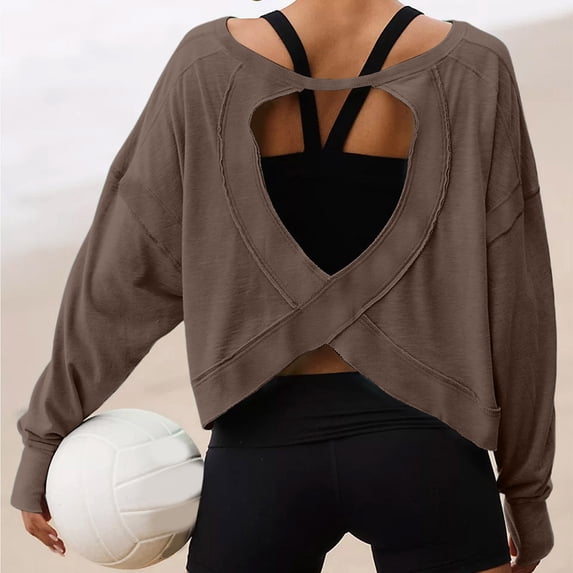 ZDNIXIAN Summer Shirts for Women ,Back Cross Cutout Long Sleeve Workout Shirt, Lightweight Breathable Sports Pullover