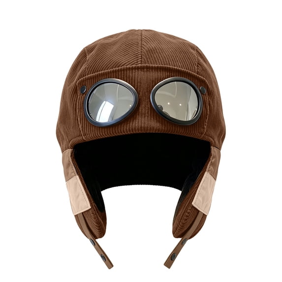 ZDNIXIAN Trendy Retro Aviator Hat With Decorative Goggles, Corduroy Outer Fleece Lined Winter Earflap Hat, Windproof Warm Pilot Ski Hat With Adjustable Chin Strap
