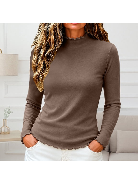 Turtleneck Long Sleeve Tops for Women Fitted Solid Mock Neck Pullover Shirts, Ruffle Hem Soft Stretchy Basic Layering Blouse, Slim Fit Casual Base Tee