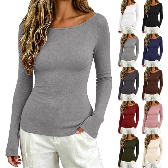ZDNIXIAN Women Off Shoulder Long Sleeve Basic Tops Ribbed Knit Slim Fitted Blouse, Elegant Boat Neck Form Fitting Shirt, Stretchy Soft Casual Long Sleeve Tees