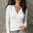 thumbnail image 1 of ZDNIXIAN Women Wrap V Neck Long Sleeve T Shirt ,Soft Stretchy Ruched Fitted Blouse, Casual Solid Color Surplice Front Slim Fit, 1 of 5
