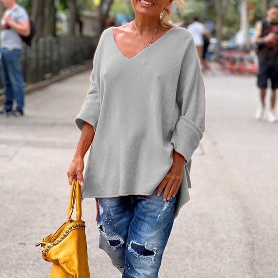 ZDNIXIAN Women's Casual Shirt ,Long Sleeve Loose Knit Top, Side Slit Casual Pullover, Solid Color Drop Shoulder Relaxed Fit Knitted Shirt