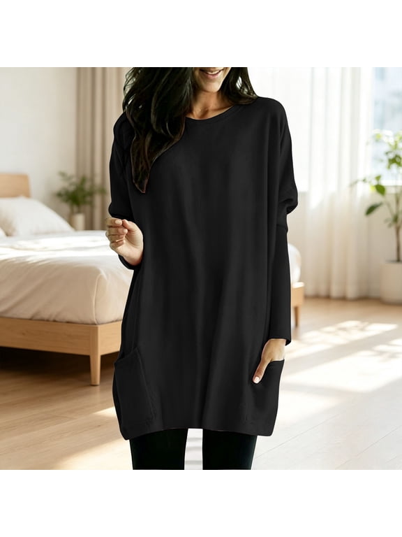 Womens Long Sleeve Shirts Tops ,Solid Crew Neck Casual Shirts with Side Pockets, Loose Fit Soft Tunic Blouse, Fashion Basic Long Length Pullover