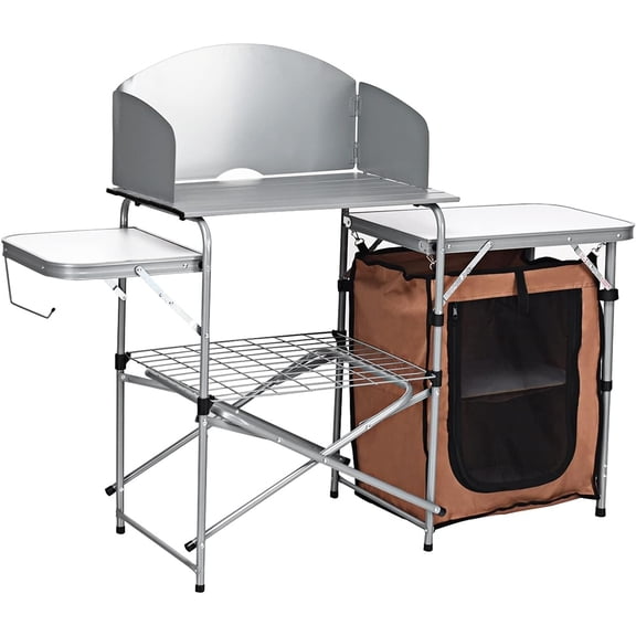 ZDOOR Folding Grill Table Outdoor Camping Kitchen Table with Carry Bag Portable Aluminum Camp Cook Station for BBQ Picnic- Brown