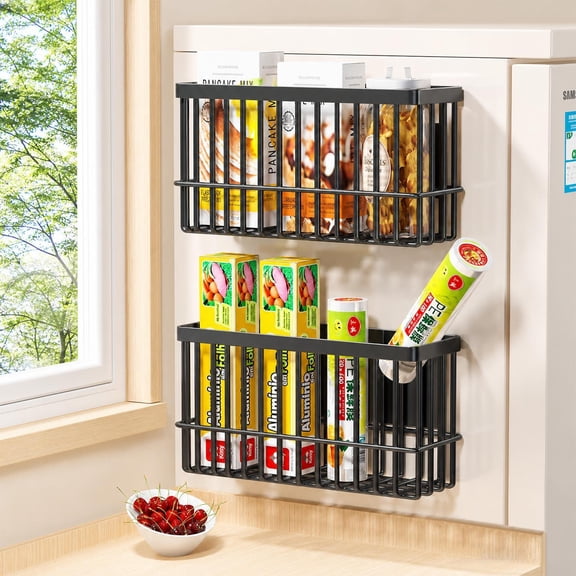 ZDSSY Metal Magnetic Rack for Refrigerator Side,Moveable Kitchen Storage Shelf for Cling film Spice,Black