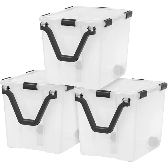 ZDTL 106 Quart WEATHERPRO Wheeled Plastic Storage Bin Tote Organizing Container with Durable Lid and Seal and Secure Latching Buckles, Clear/Black, 3 Pack