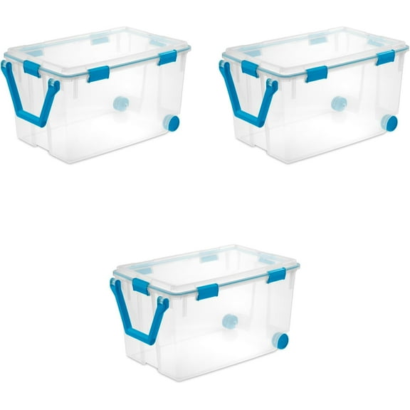 ZDTL 120 Qt Wheeled Gasket Box, Stackable Storage Bin with Latching Lid, Handle and Tight Seal, Plastic Container with Clear Base and Lid, 3-Pack