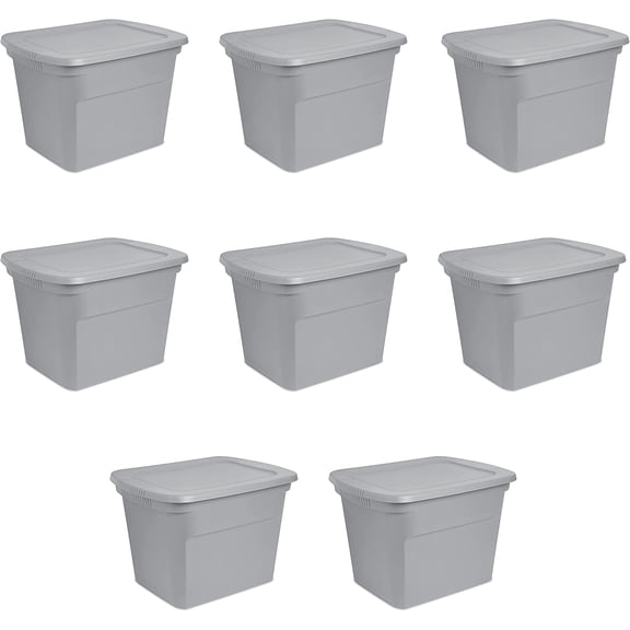 18 Gal Storage Tote, Stackable Bin with Lid, Plastic Container to Organize Clothes in Closet, Basement, Gray Base and Lid, 8-Pack