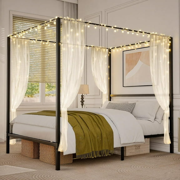 ZDTL Queen Size Canopy Bed Frame, Metal Bedframe with Built-in Headboard Four Poster 14 Inch Platform Mattress Foundation Sturdy Slatted Structure No Box Spring Needed Easy Assembly, Black