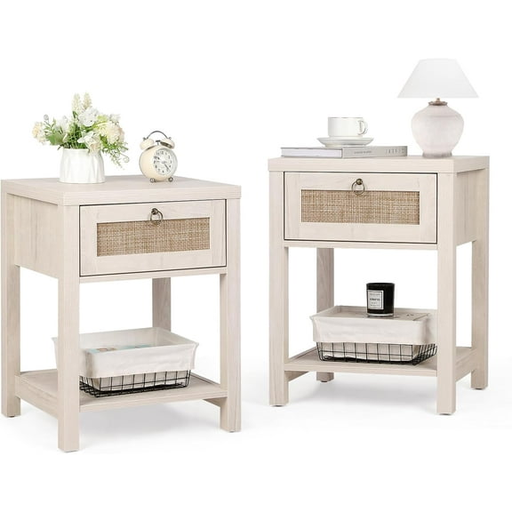 ZDTL Rattan Nightstands Set of 2 - Farmhouse Bedside Table Night Stand with Drawer and Storage Shelf, Boho End Side Table for Bedroom, Mesitas De Noche para Dormitorio, Light Oak