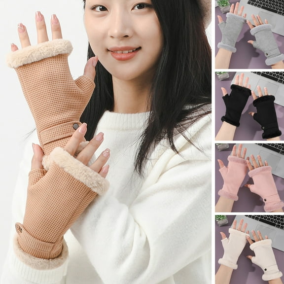 ZDWQFA 1 Pair Fingerless Plush Gloves with Thumb Hole Winter Warm Cozy Half Finger Typing Mittens for Men and Women
