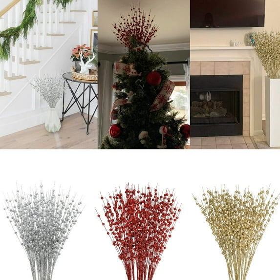 ZDWQFA 10Pcs/Set Christmas Artificial Glitter Berry Stems 19.69" Holly Berry Picks Ornaments Fake Christmas Tree Pick Sticks Decorations Glitter Twig Branches Gift for Vase Home Wedding Holiday