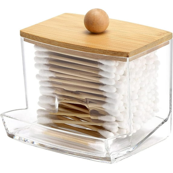 ZDWQFA 10oz Qtip Holder Dispenser with Bamboo Lids, Big Clear Bathroom Organizer Accessories Decor for Storage-Qtips Cotton Ball Holder Apothecary Jars, Cotton Swabs, Floss Container