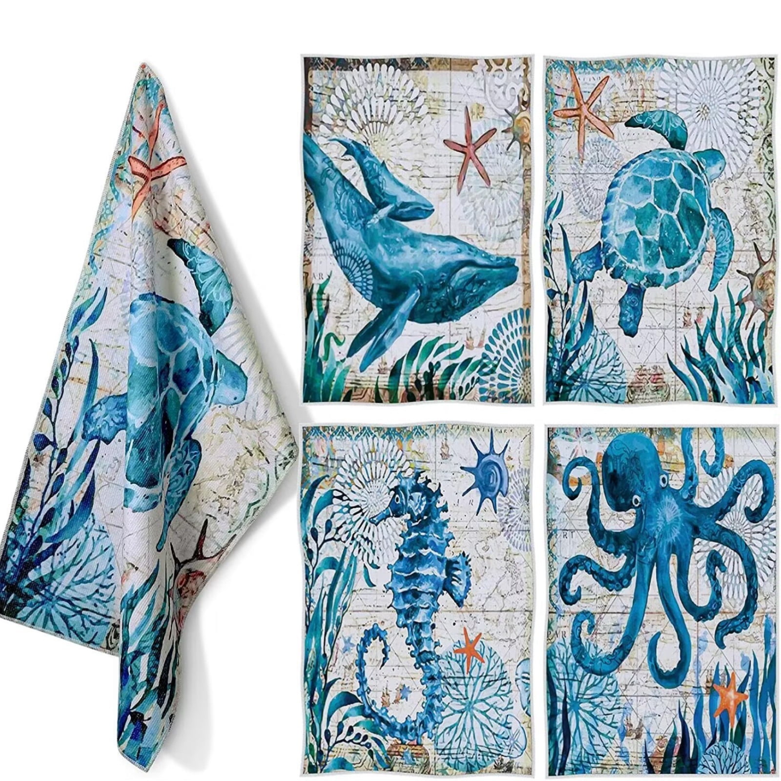 ZDWQFA 1PC 16 x 24 In Beach Kitchen Towels Coastal Ocean Animal Dish