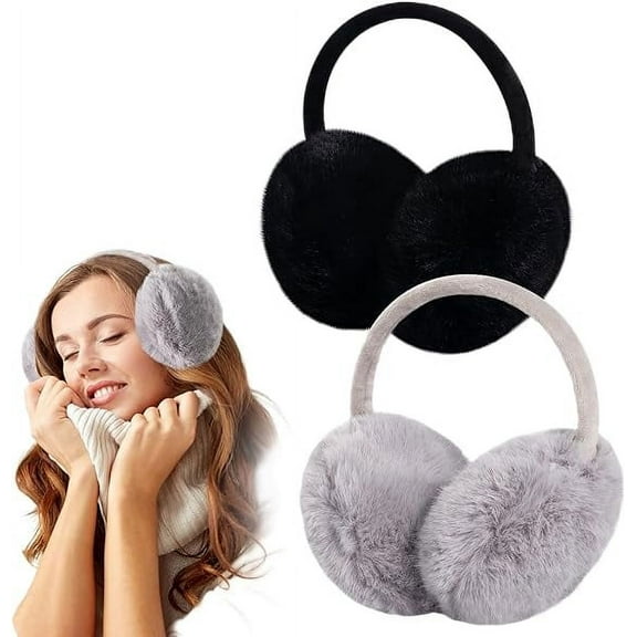ZDWQFA 2Pcs Adjustable Faux Fur Earmuffs- Soft Warm Ear Muffs for Winter Women Men Black and White