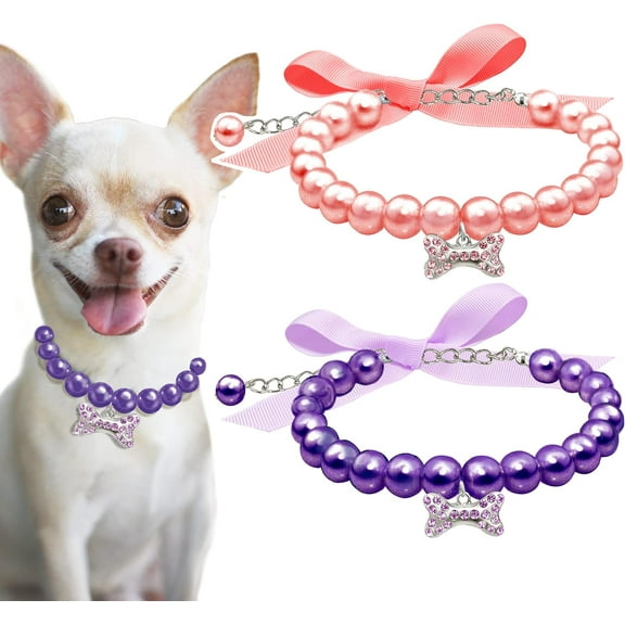 ZDWQFA 2Pcs Dog Cat Pearl Collar Necklace with Rhinestone Bone, Fancy Cat Wedding Collar Jewelry for Girl Cat Puppy Dogs Accessories (Purple+Pink)