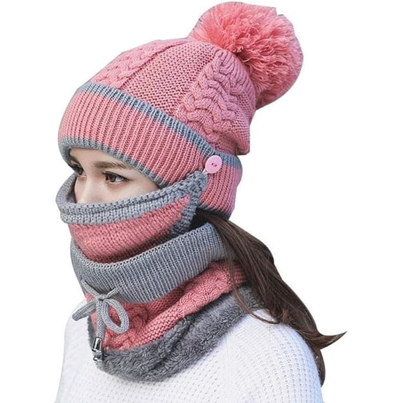 ZDWQFA 3pcs/Set Fashion Women Winter Knitted Hat Thickened Woolen Cap with Warm Mask and Neck Scarf