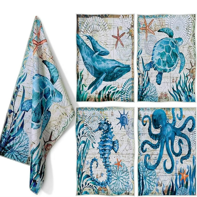 ZDWQFA 4Pcs 16 x 24 In Beach Kitchen Towels Coastal Ocean Animal Dish Towels Sea Nautical Kitchen Towels Turtle Hand Towels Tea Towels Absorbent Beach Dish Towels for Kitchen Home Bathroom Walmart