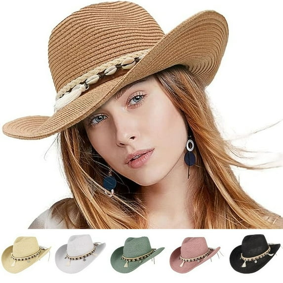 ZDWQFA Women Men’s Cowboy Hat Western Summer Straw Hat for Girls with Wide Brim & Shell Tassels Trendy Lady Beach Sun Hats